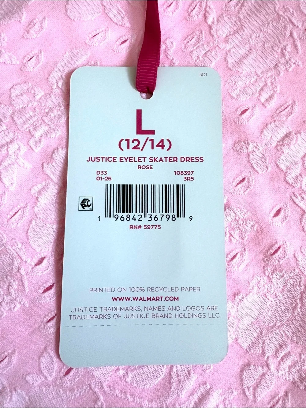 Justice Girl's Pink Skater Dress with Long Sleeves Size Large (12-14)